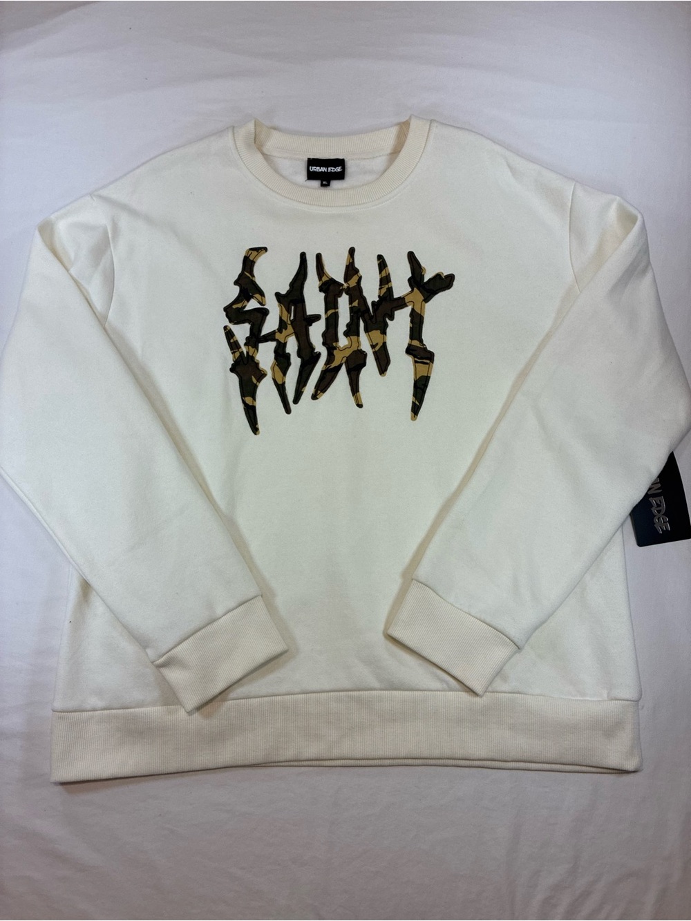 Cream Crewneck Sweatshirt with Camouflage Saint Graphic